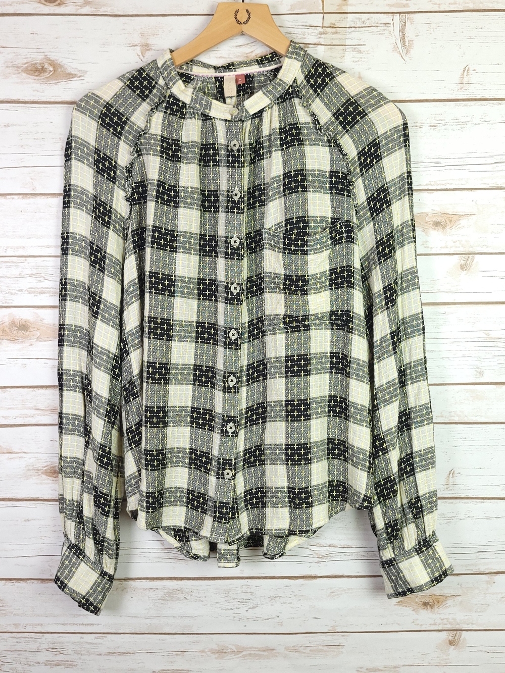 Anthropologie Pilcro Breezy Button Up Size XLarge Check Plaid Black Ivory